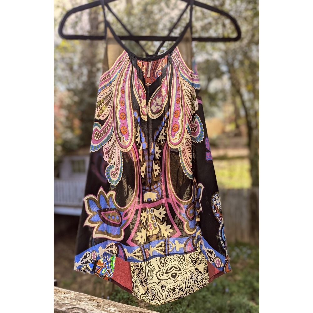 💥Jaloux Silk Paisley Beaded Back Halter Cami Top XS Multi-Color Festival Indie